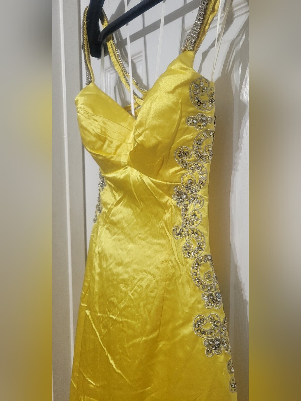 Betsy & Adam Canary Yellow Beaded Satin Evening Gown Size 10